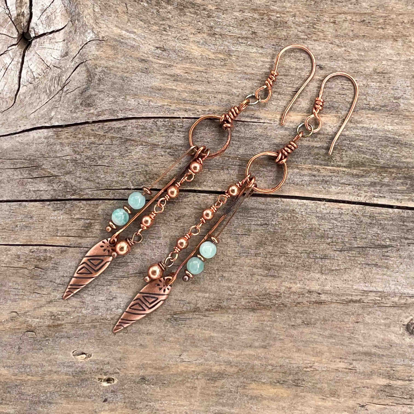Øredobber i Kobber med Amazonitt - 90 mm - 267