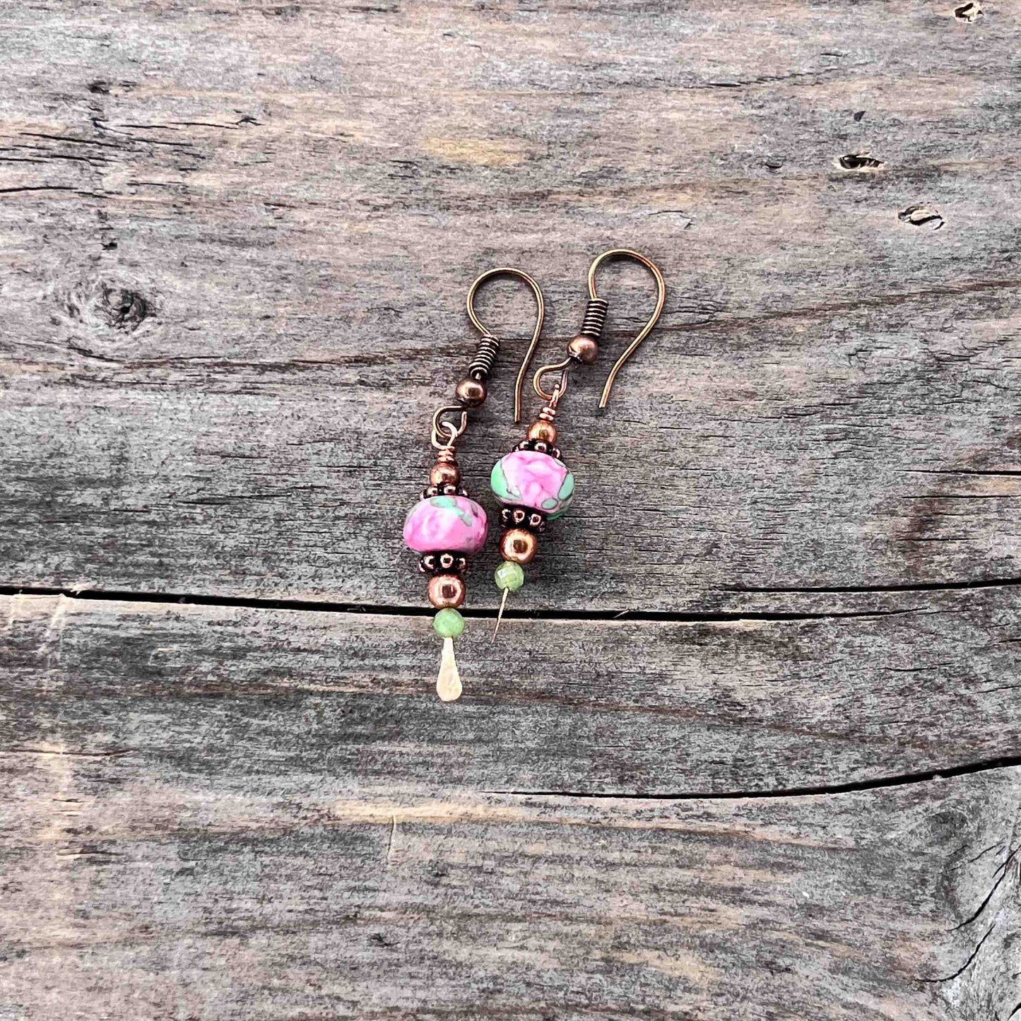 Øredobber i Kobber med Rainforest Flowerstone - 45 mm - 810