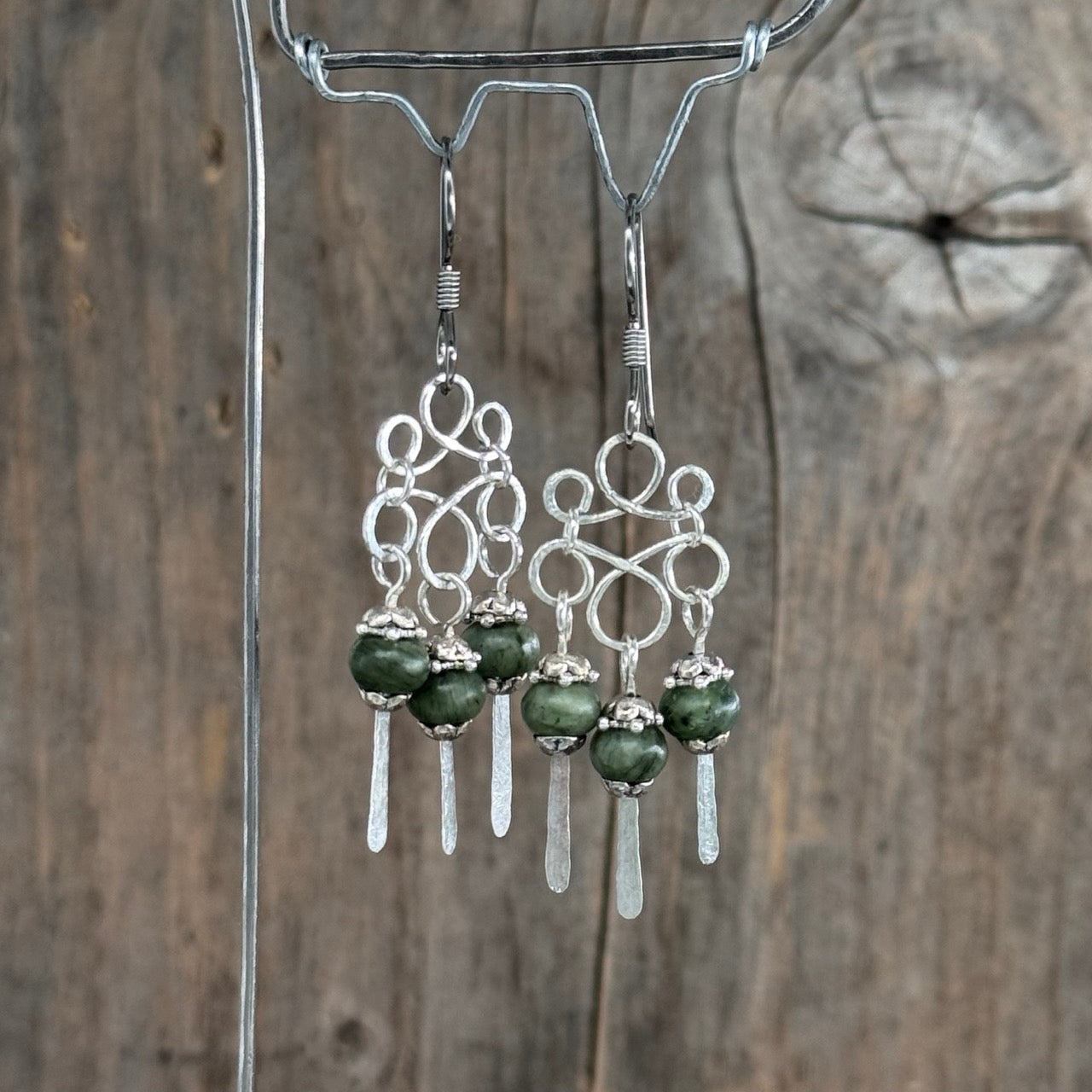 Sølv Chandelier Øredobber med Jade/sølv wire