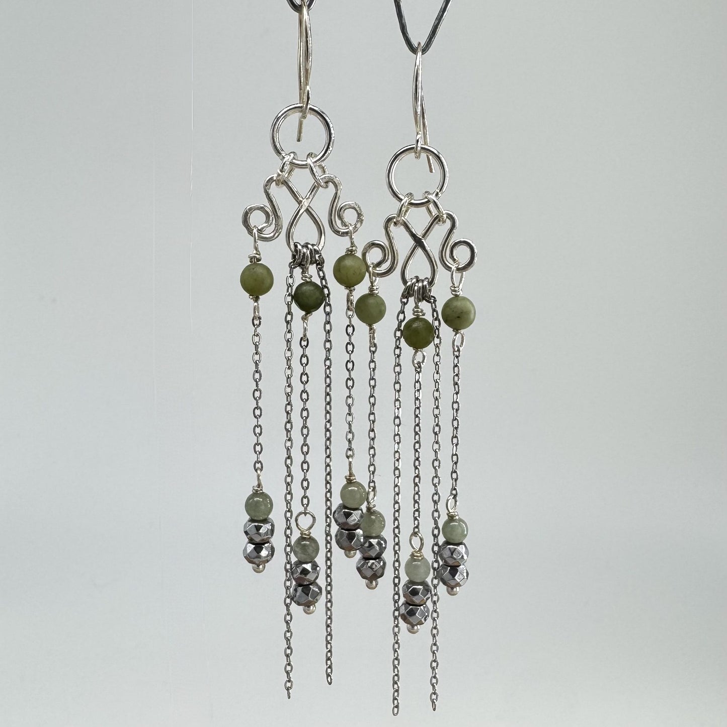 Sølv Chandelier Øredobber med Jade/Hematitt/Sølv wire