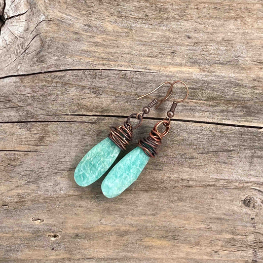 Øredobber i Kobber med Amazonitt - 60 mm - 254