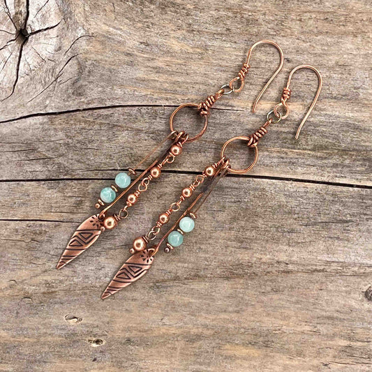 Øredobber i Kobber med Amazonitt - 90 mm - 267