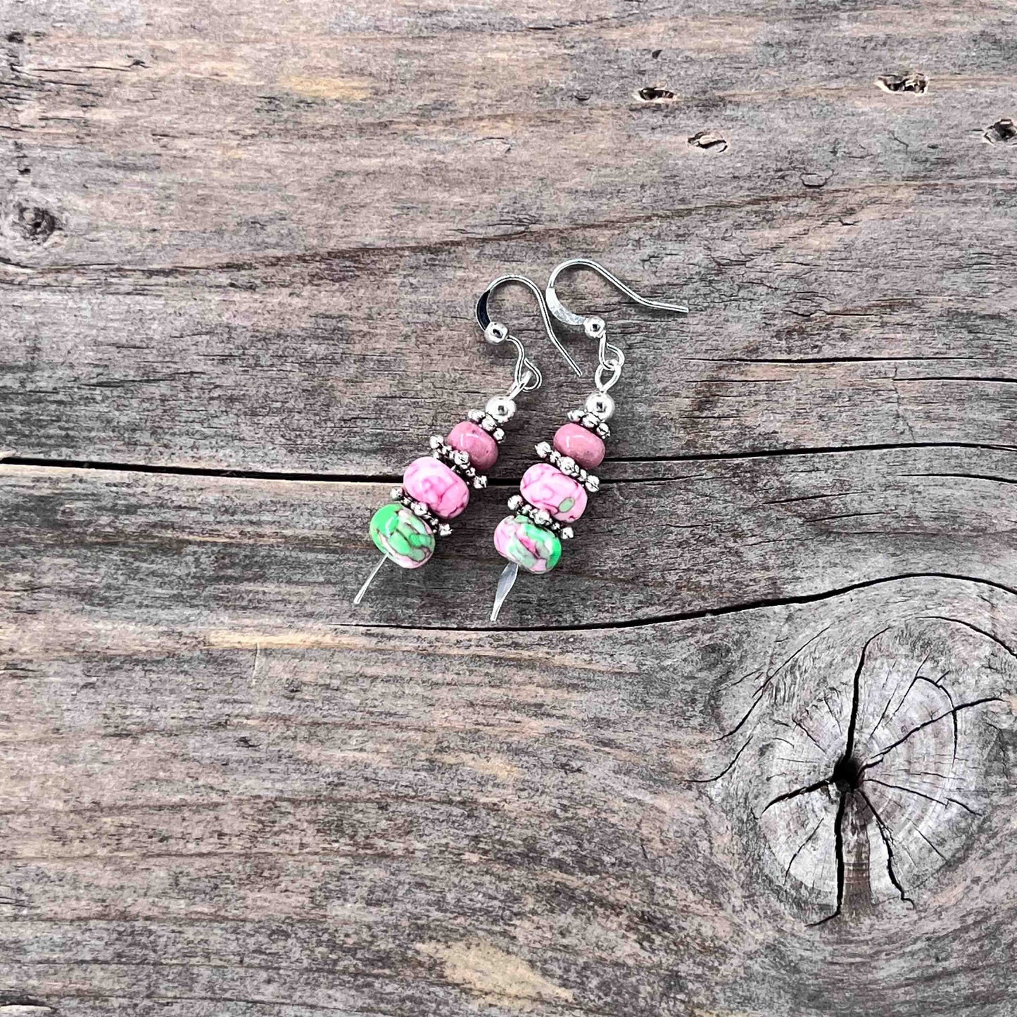 Øredobber i Sølv med Rainforest Flower stone/Rhodonitt - 50 mm - 741