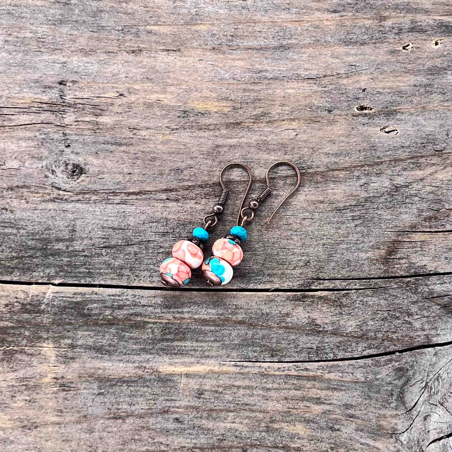 Øredobber i Kobber med Rainforest Flowerstone/Turkis - 35 mm - 808