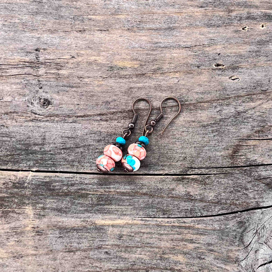 Øredobber i Kobber med Rainforest Flowerstone/Turkis - 35 mm - 808