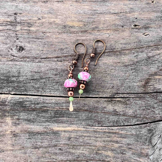 Øredobber i Kobber med Rainforest Flowerstone - 45 mm - 810