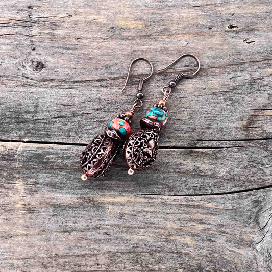 Øredobber i Kobber med Rainforest Flowerstone - 55 mm - 812