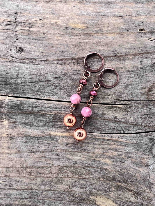 Øredobber i Kobber med Rhodonitt - 55 mm - 814