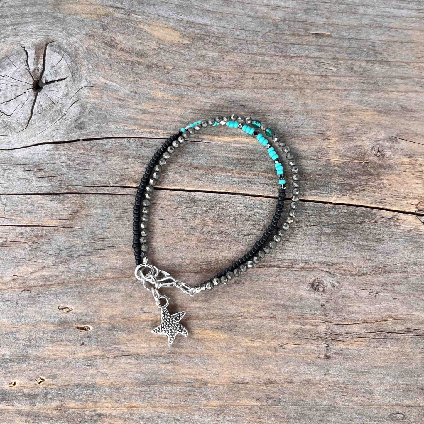 Sølv Armebånd med Pyritt/Seed Beads, dobbel - 912