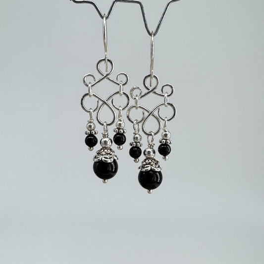 Sølv Chandelier med Onyx/Sølv kuler/Sølv wire