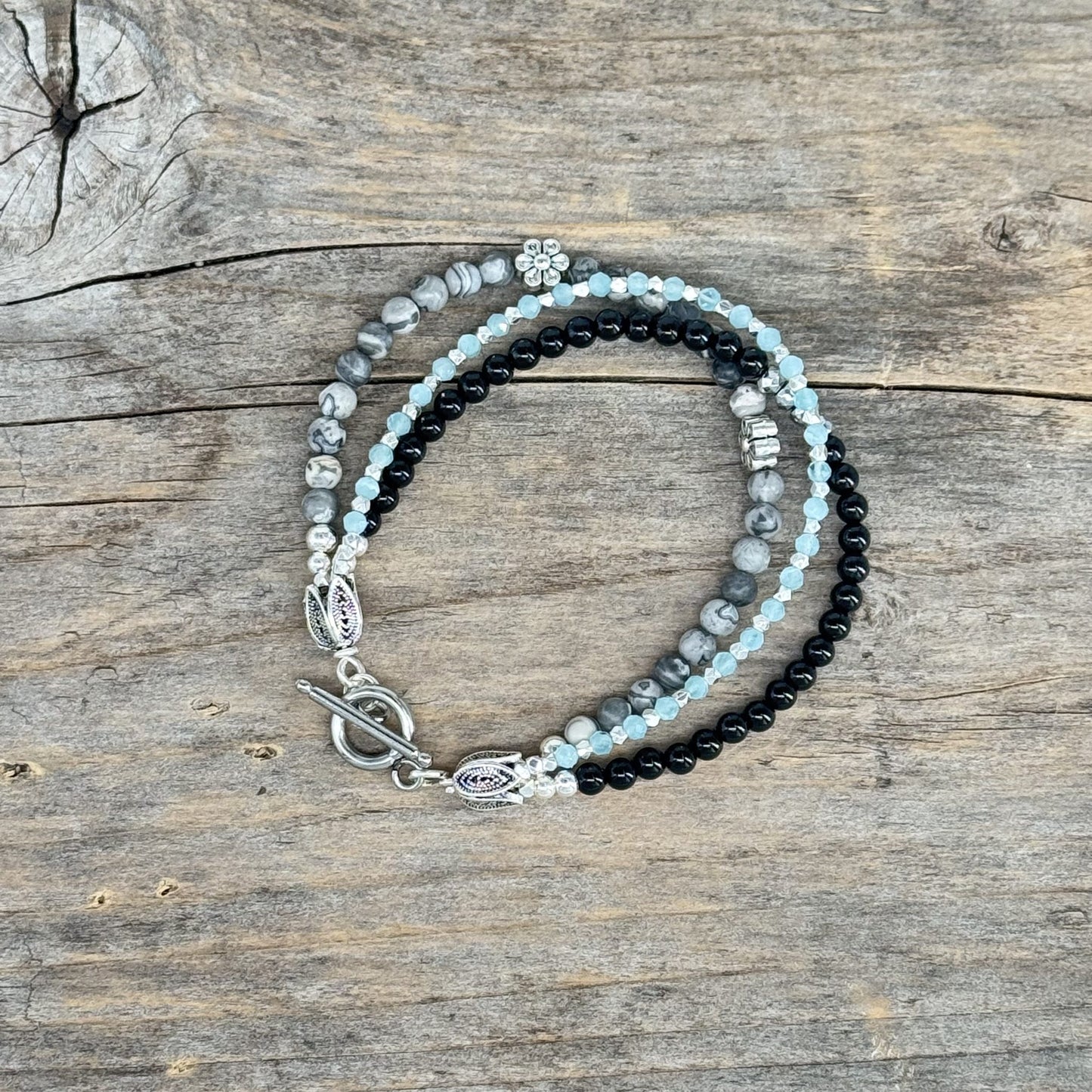 Sølv Armbånd med Onyx/Kalsedon/Jasper/Sølv kuler